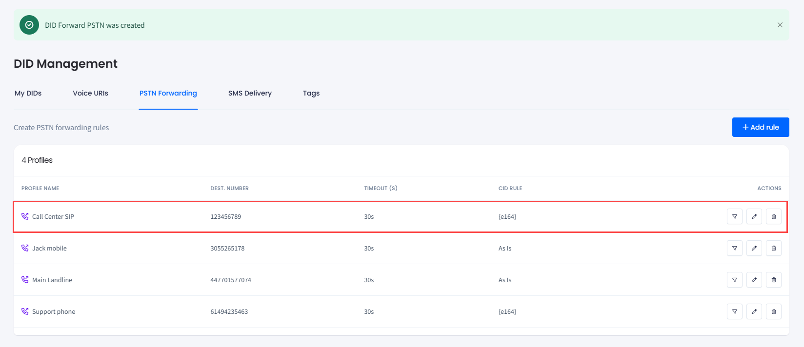Screenshot of the new profile record added
