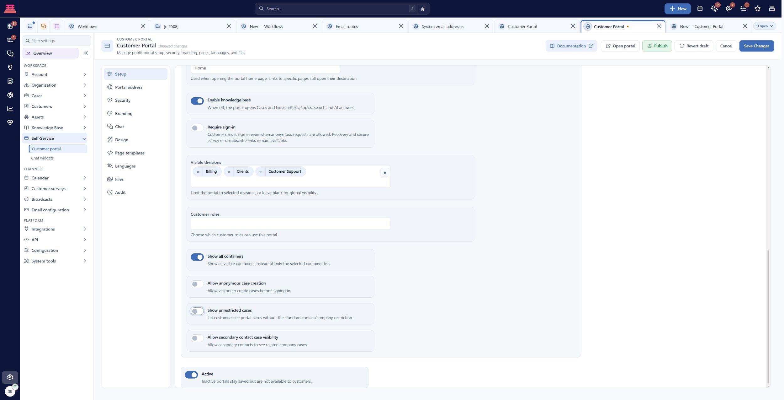 Unsaved access example: Show unrestricted cases is off. Review all audience settings before saving; the existing demo portal was not changed.