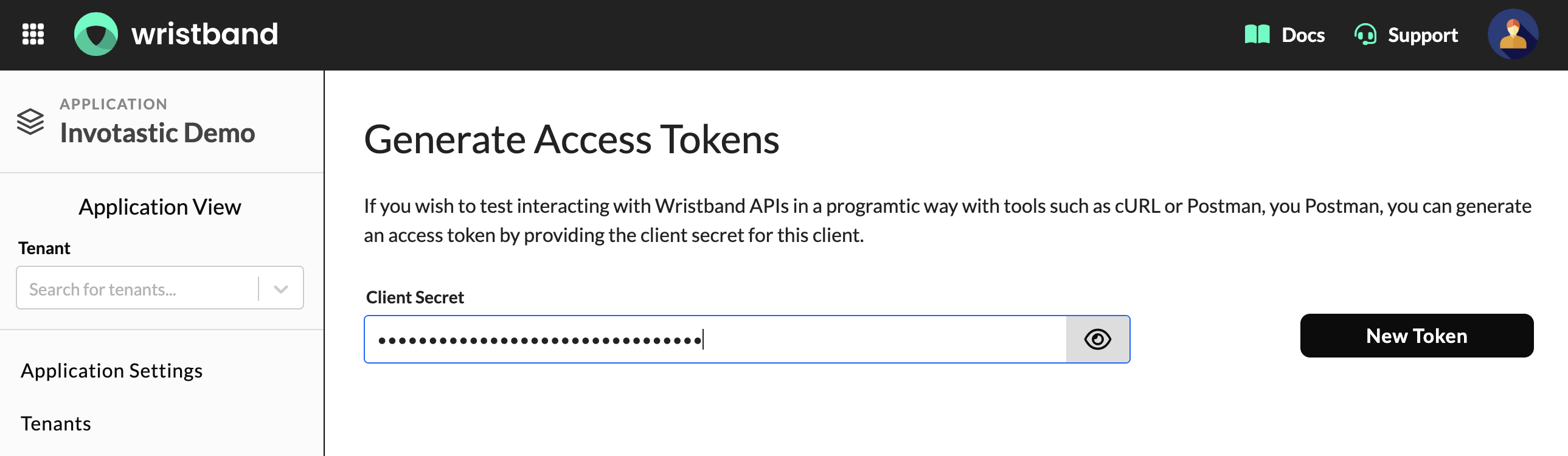 Generate Access Tokens section on the Edit Client page showing the Client Secret field and New Token button.
