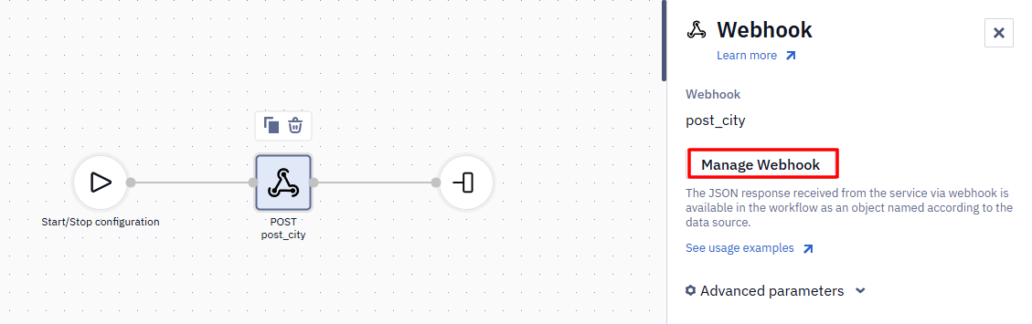 Workflow canvas with a Webhook block's settings panel open and the Manage Webhook button highlighted