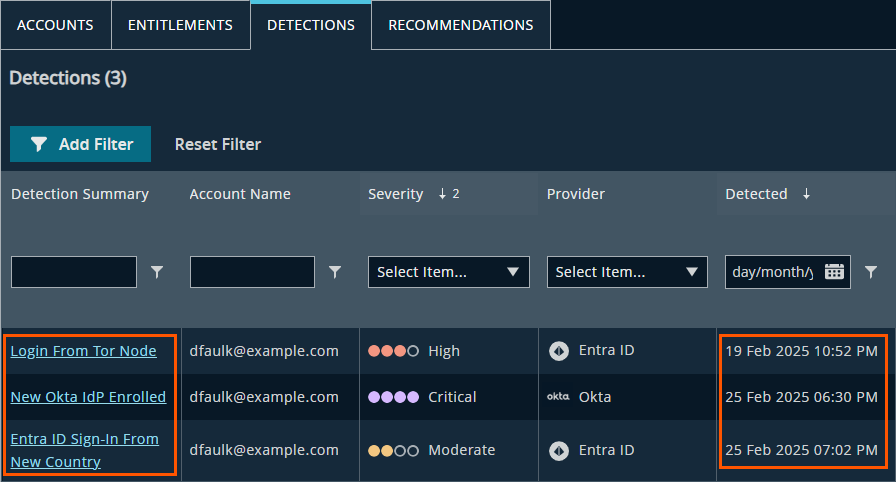 A dashboard displaying security detections. Three entries are visible with columns for detection summary, account name, severity, provider, and detection date. The detections include high, critical, and moderate alerts, all in the month of February.