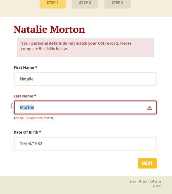 Figure 456. Step 3 failed: The students name doesnt match the USI Registry data. They have the opportunity to correct the data in onCourse.