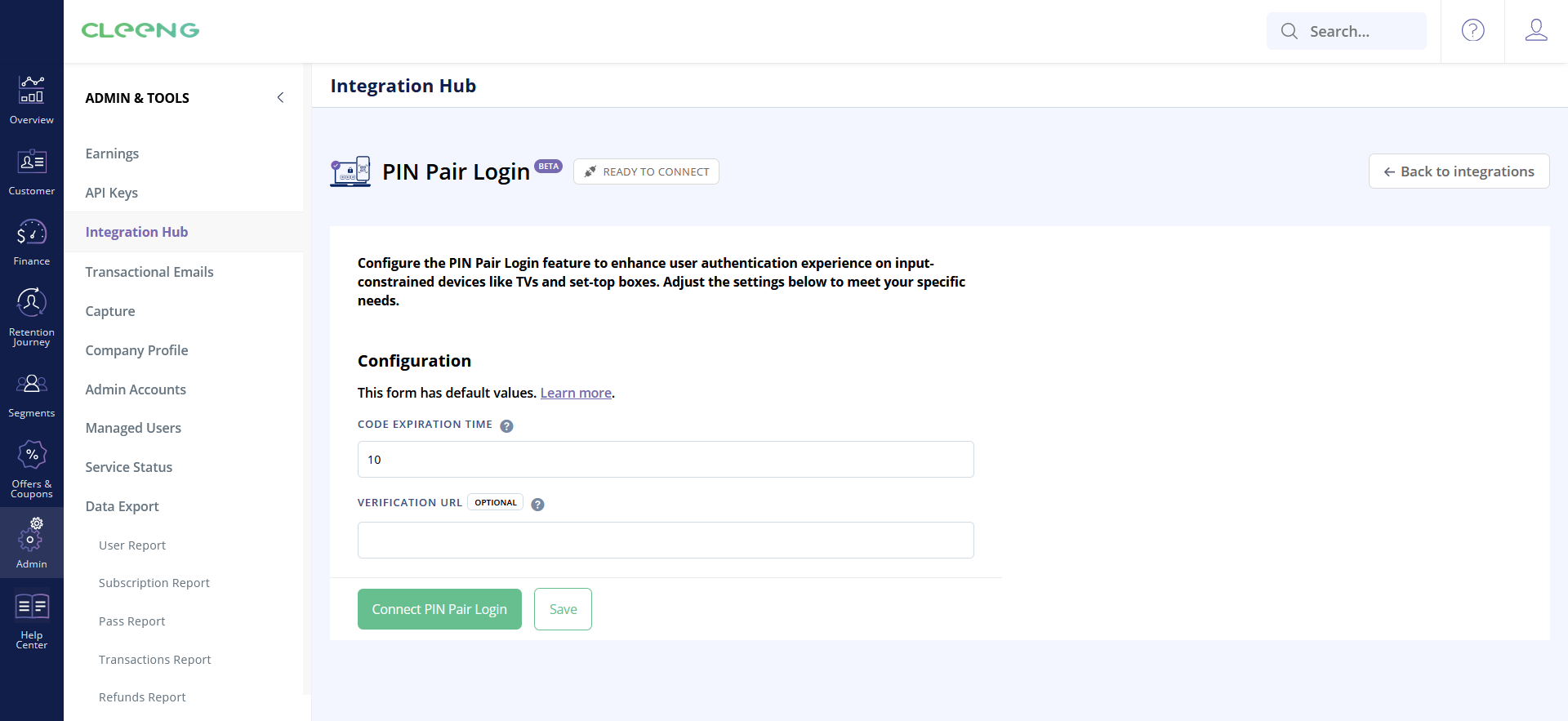 PIN Pair Login Configuration - Cleeng Dashboard