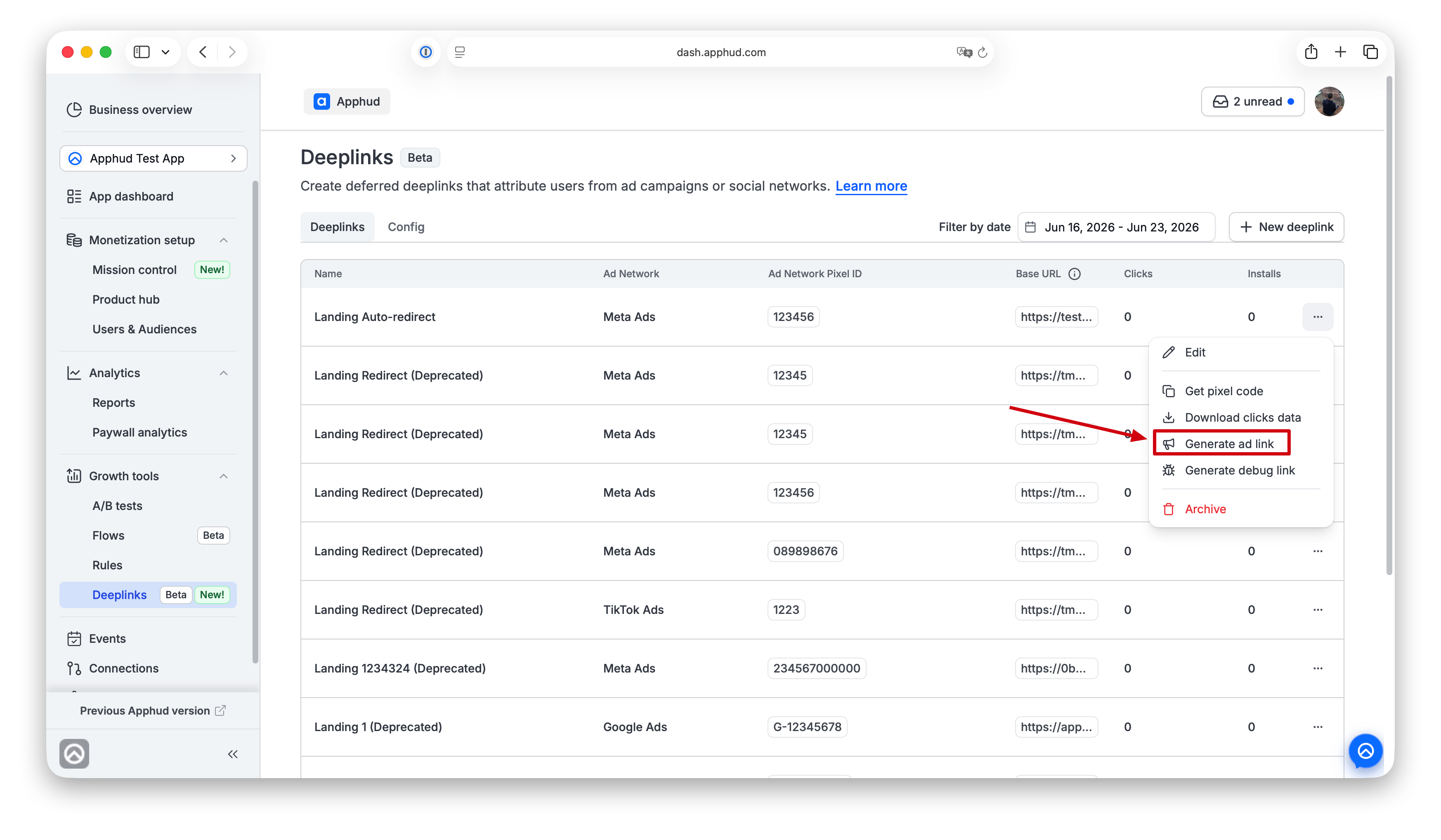 Generate ad link button for a deferred deeplink