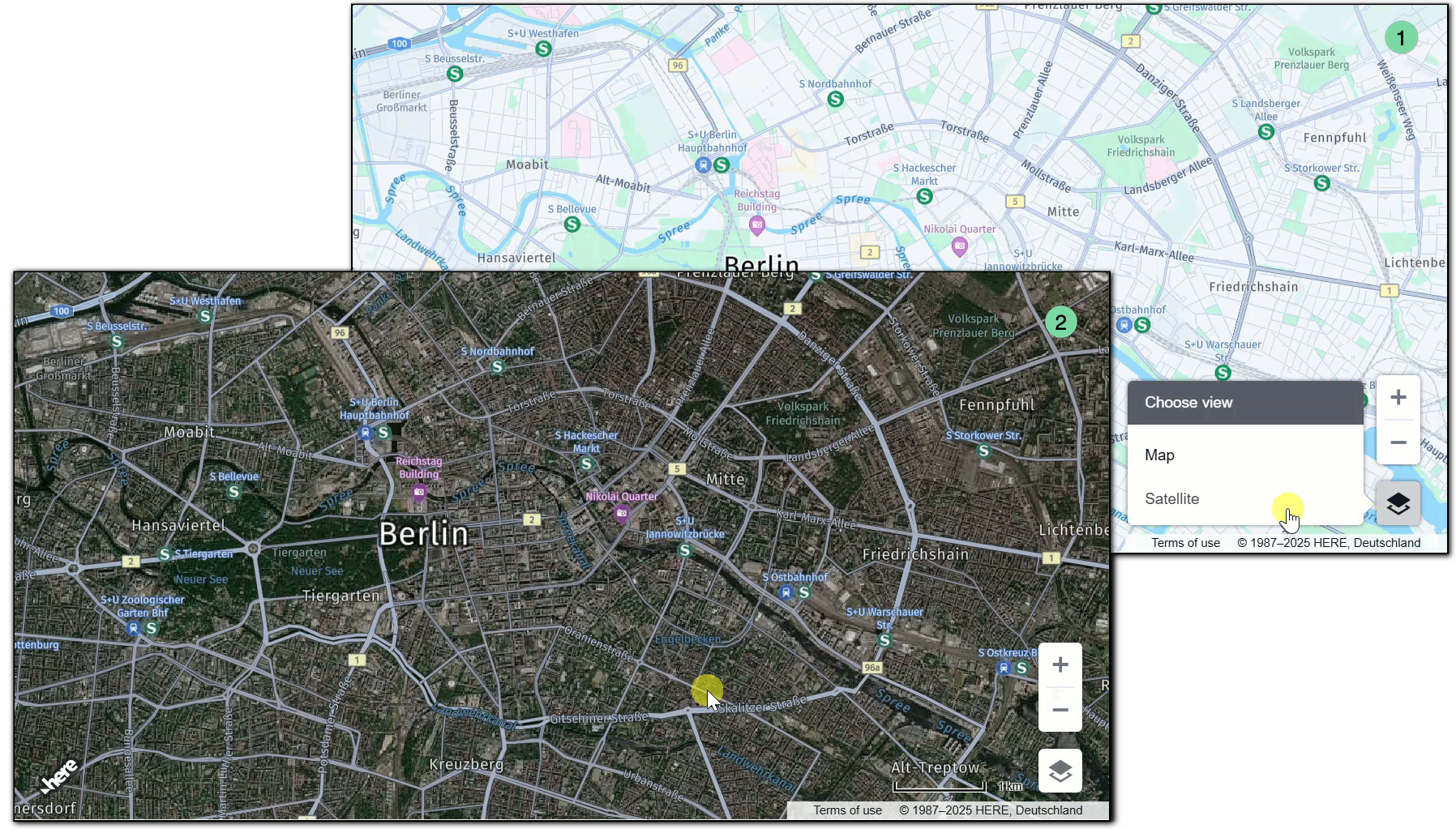 Customized map settings control that enables a hybrid style for showing the satellite view
