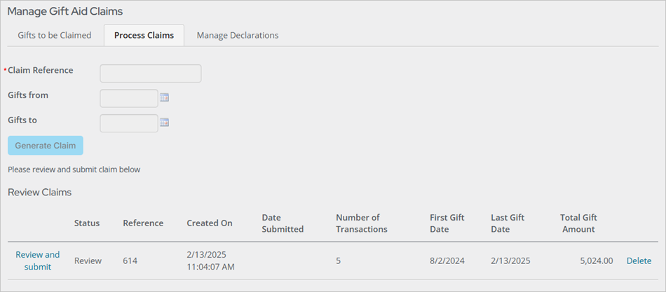 Process Claims tab