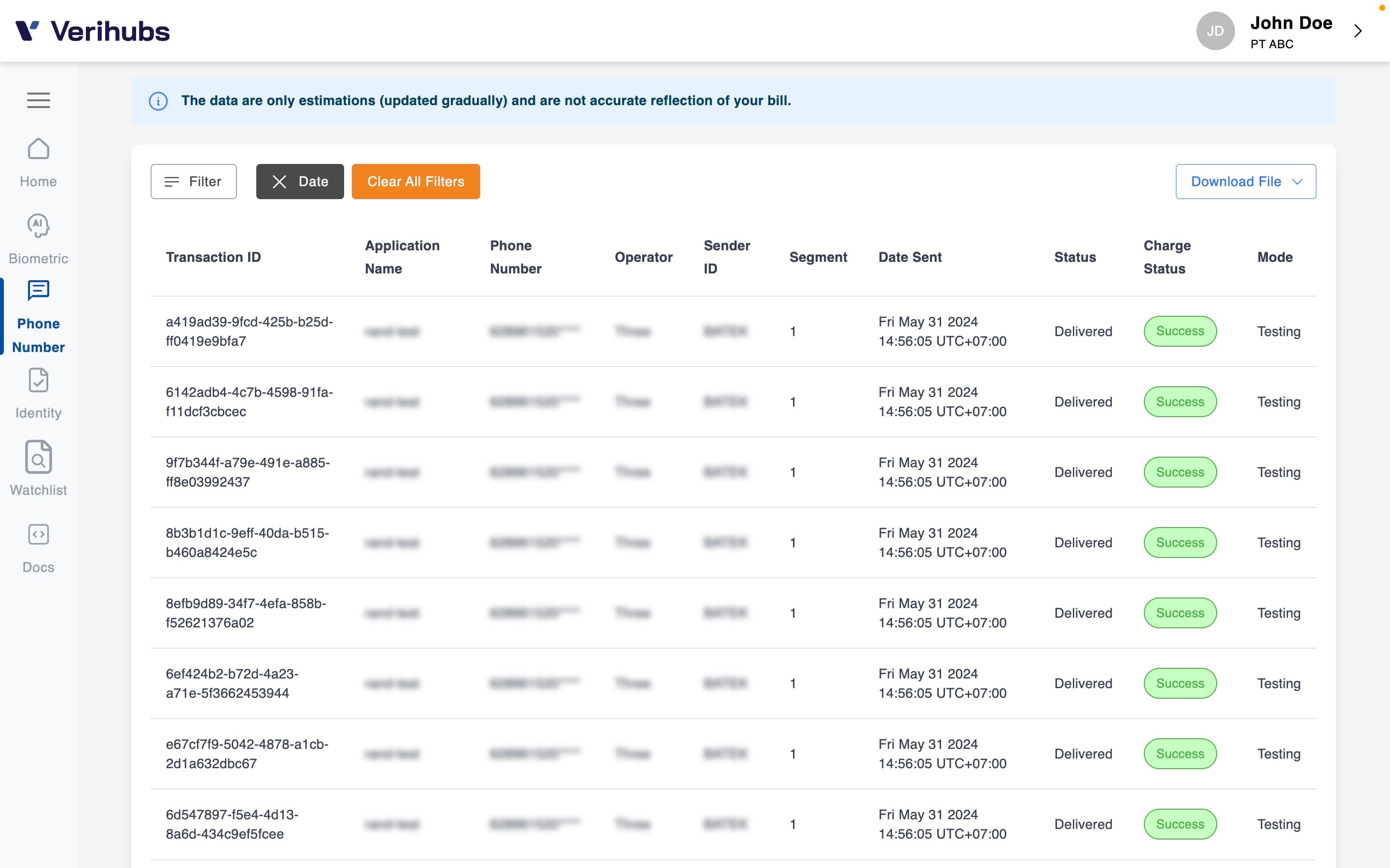 Verihubs Dashboard - SMS Announcement - Transaction Logs