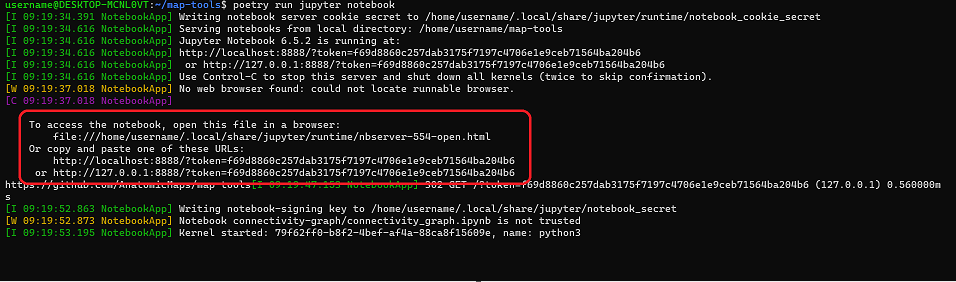 Figure 1: Screen capture of successful activation of the map-tools Jupyter Notebook. Follow the instructions outlined by the red box to access the notebook.