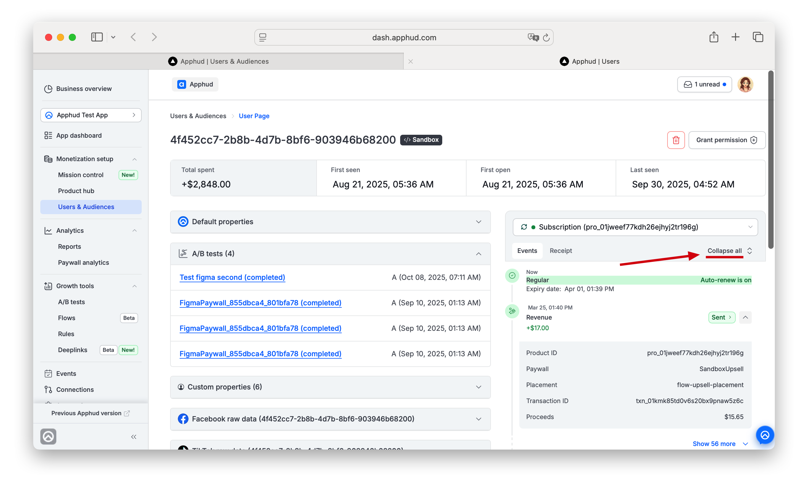 Apphud - User Events timeline