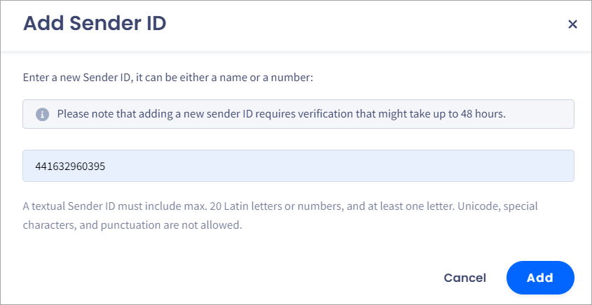 Screenshot of the **Add Sender ID** section