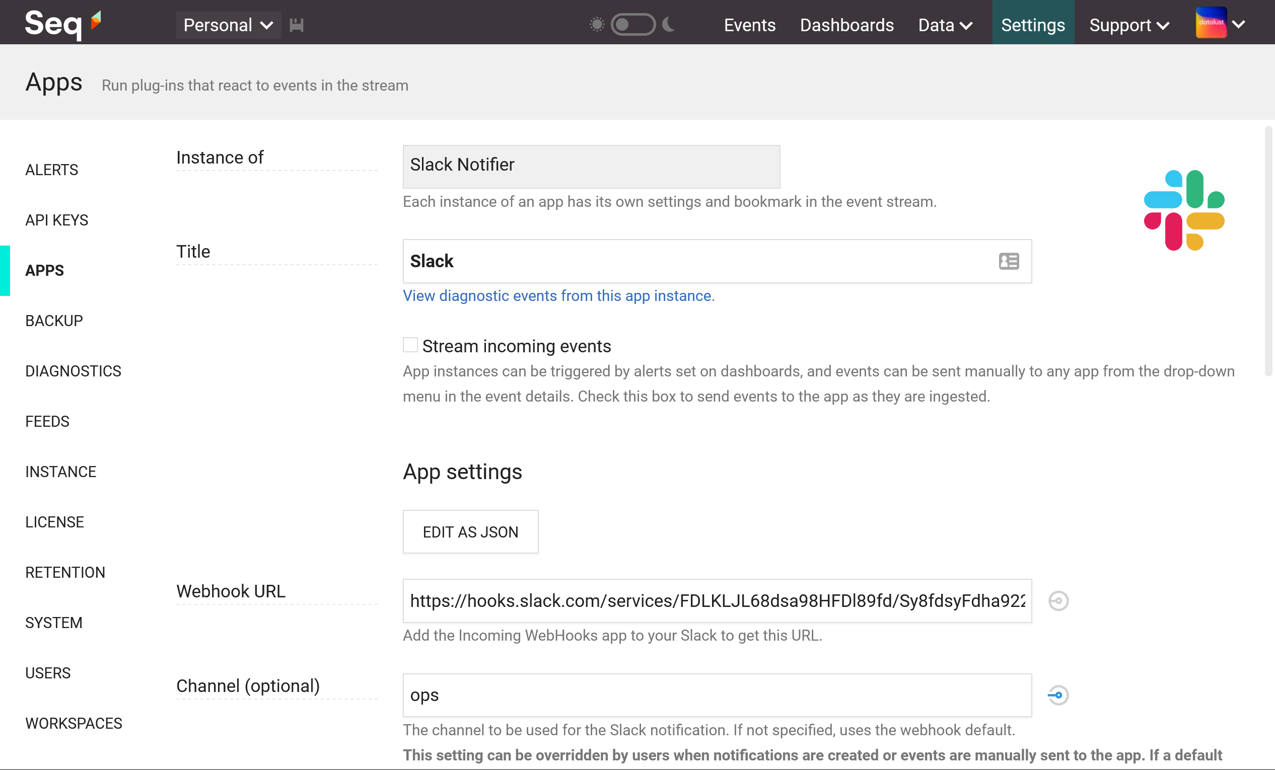 Configuring an instance of the Slack app for Seq.