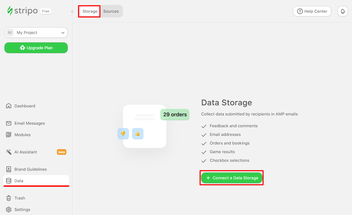 Stripo Data section on the Storage tab with the Connect a Data Storage button highlighted