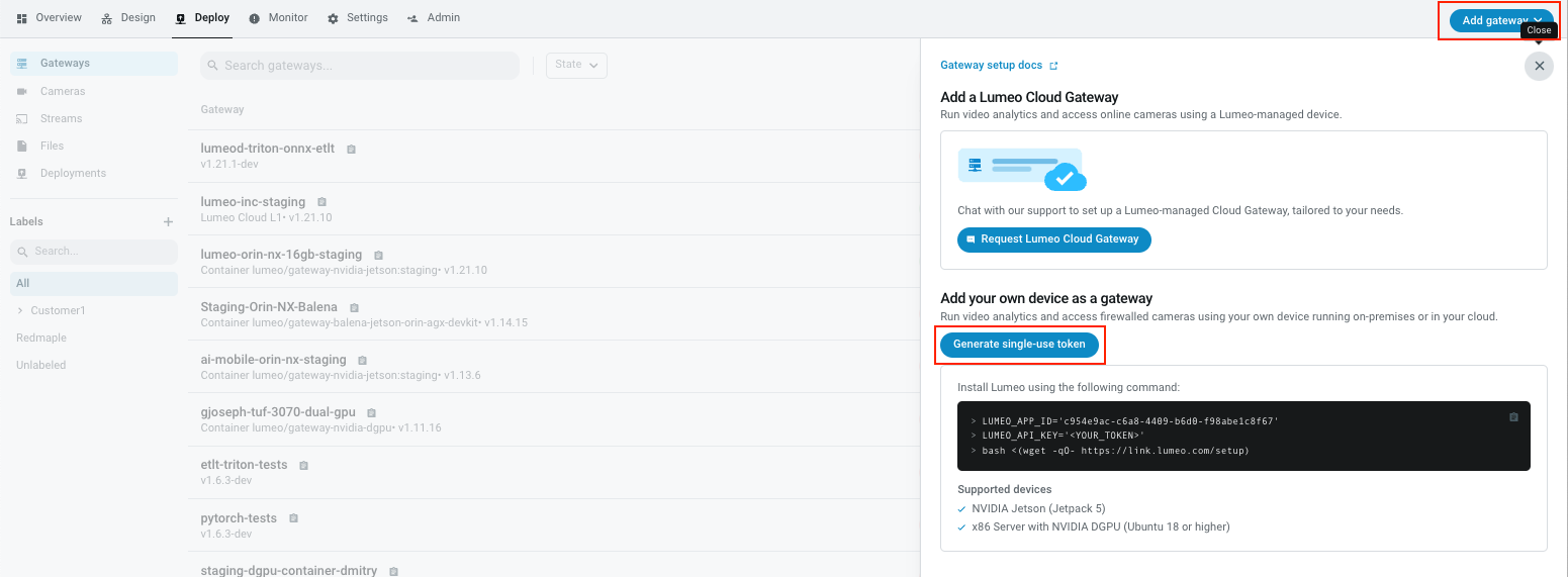 Go to Deploy -> Add Gateway -> Generate single-use token