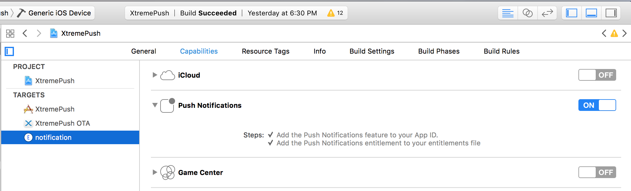 Xcode extension toggle push notifications