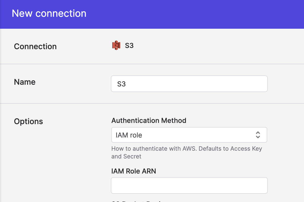 Creating a new S3 connection with IAM role selected as the authentication method.