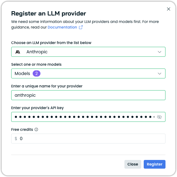 Register an LLM provider dialog
