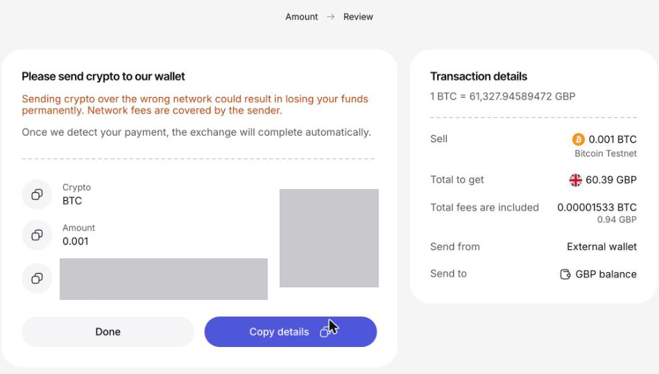 Deposit crypto: Review step