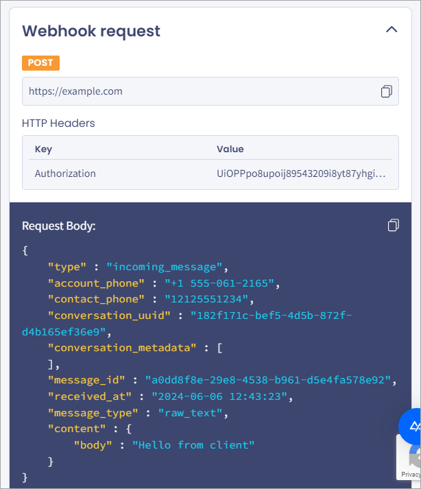 Screenshot of the **Webhook request** section