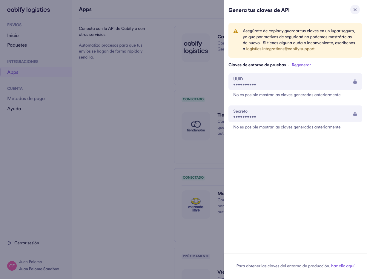 Cabify Logistics Regenerar button