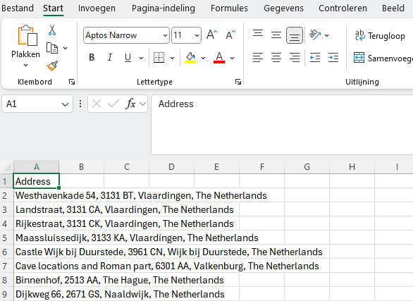 Figuur 5 - Benodigde formatting van adressen in CSV-bestand.