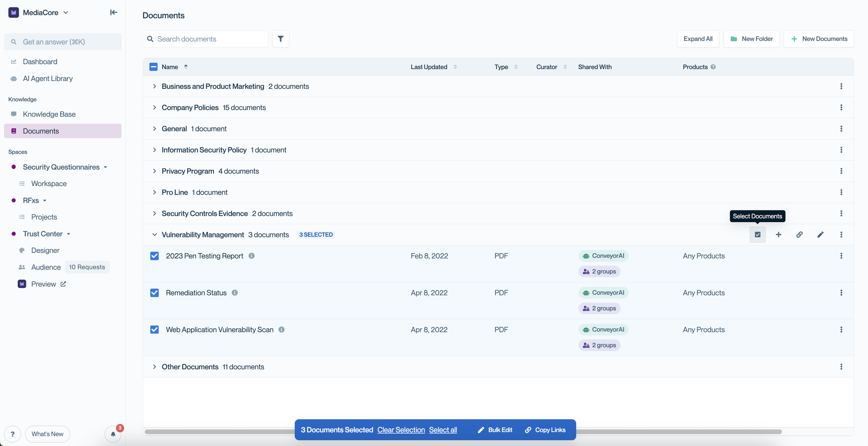 Documents page in Conveyor showing the ‘Select Documents’ option highlighted to the right of a folder. This is how you can quickly select all documents in a folder at once for bulk editing.