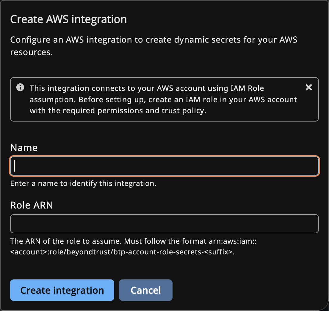 Create AWS integration panel with Name and Role ARN fields and a Create integration button.