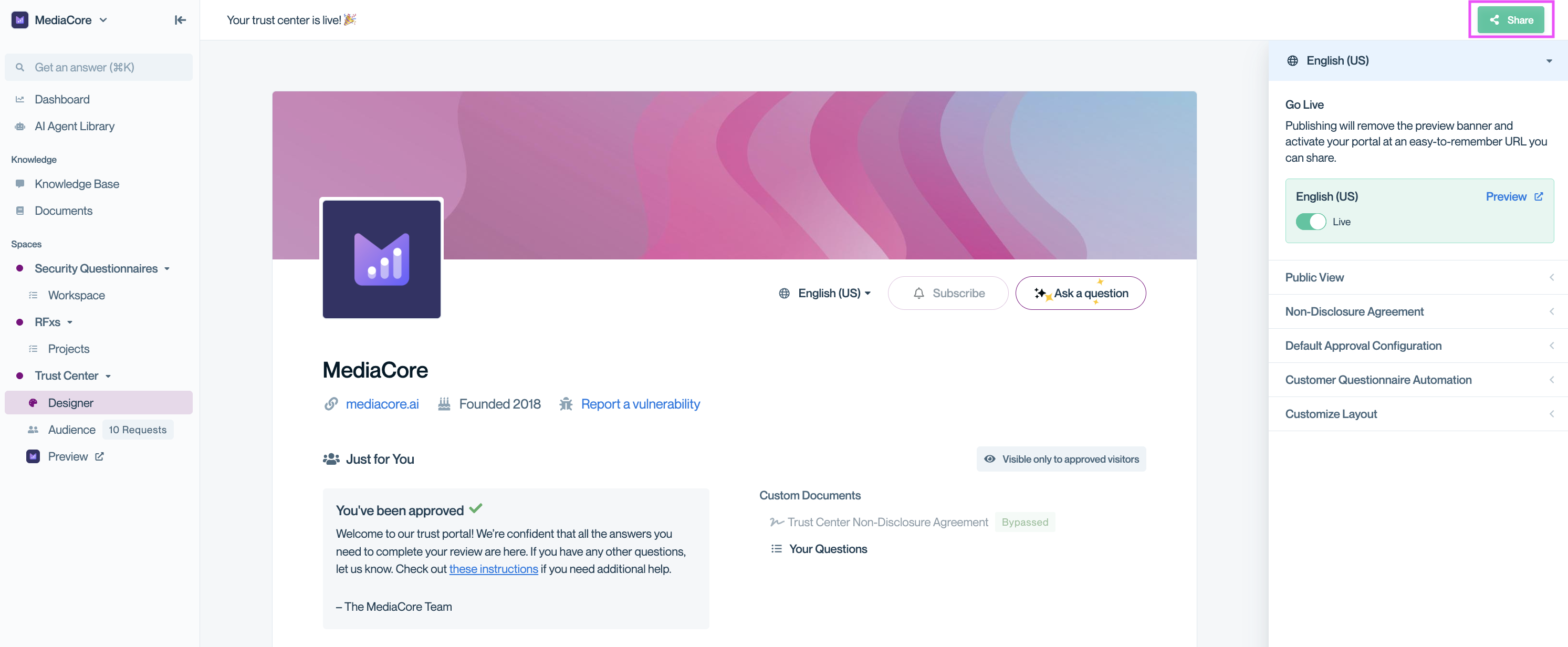 Share button in the Conveyor Designer view. Share button in Designer for accessing your Trust Center link.