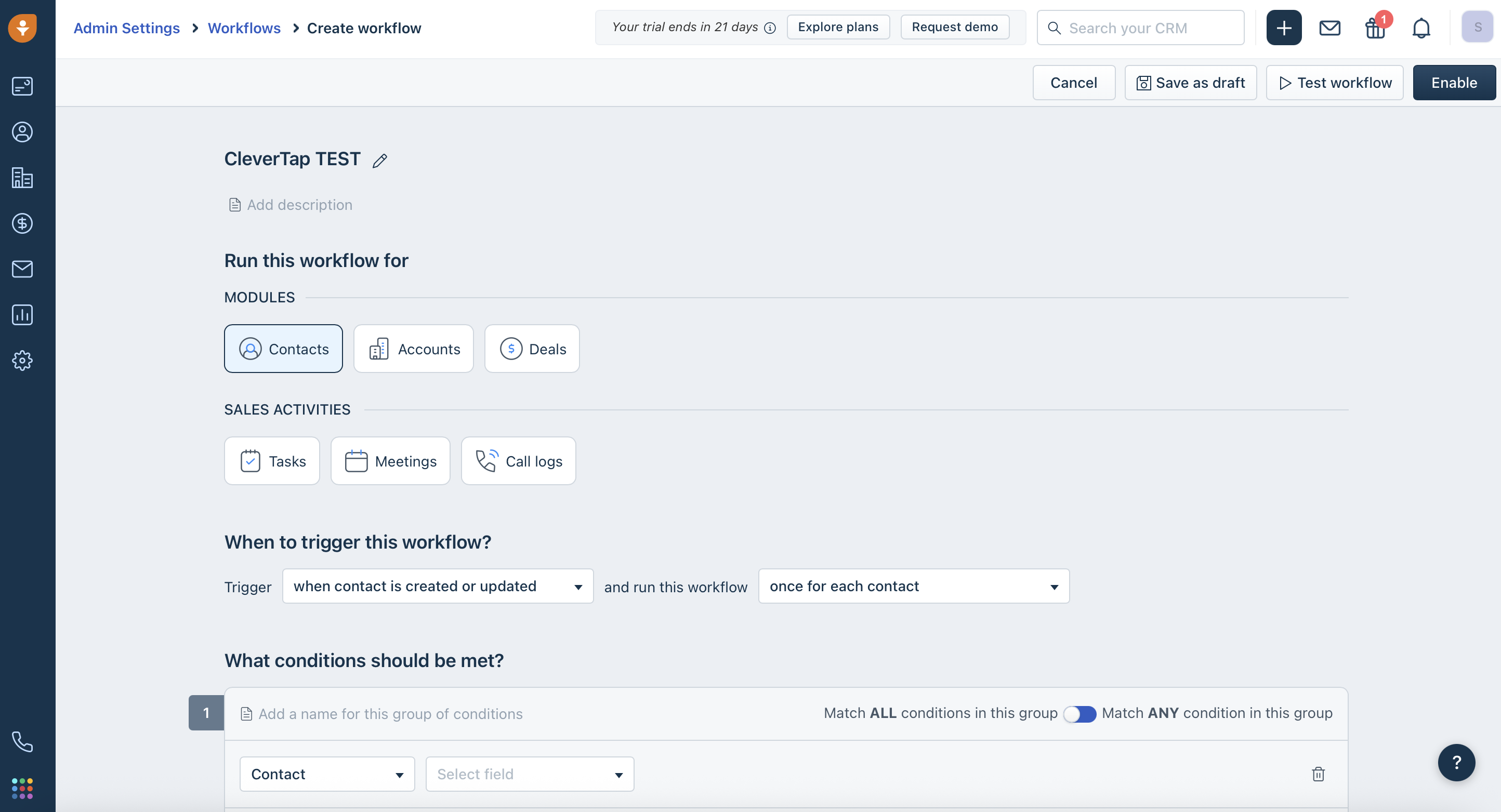 Select the Contacts module to sync leads.