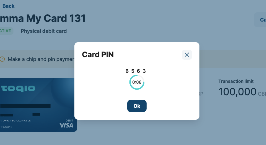 Modal to consult physical card's PIN