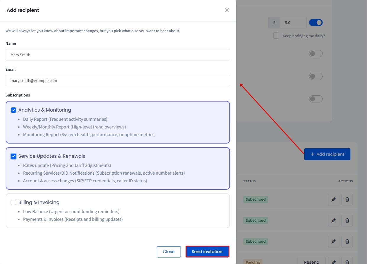 Screenshot of the Add recipient dialog with a name and email address entered, and two of the three subscription groups selected.