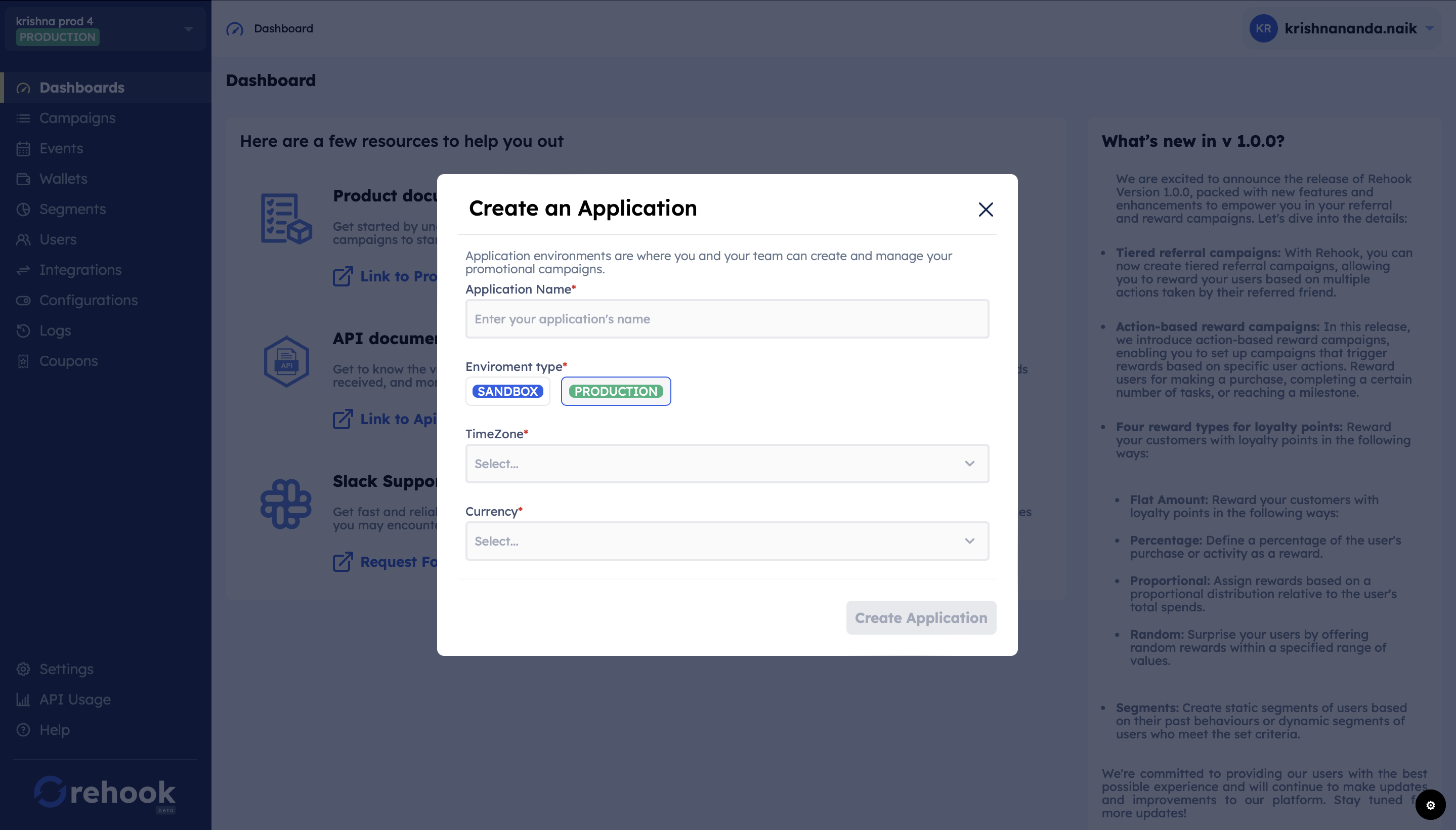Create application modal