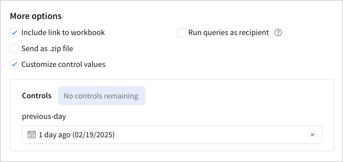 Customize control values set to previous-day, showing a relative date selected of 1 day ago and the date 2/19/2025.