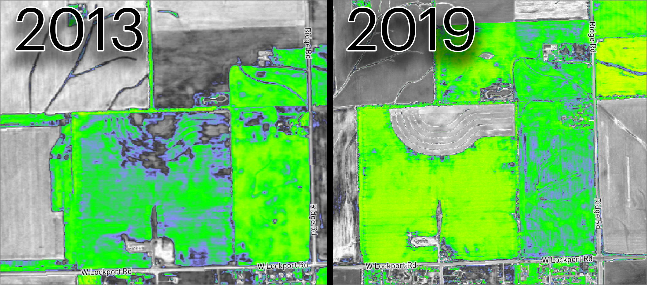 The subject area compared in the NDVI preset. 2013 (Left) versus 2019 (Right)