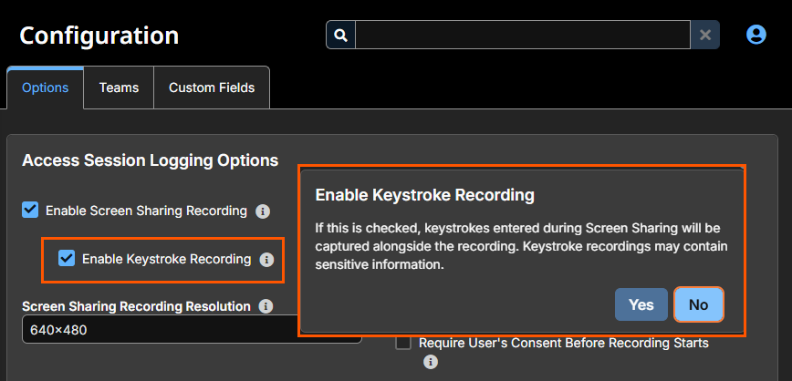 Image of the Enable Keystroke Recording option.