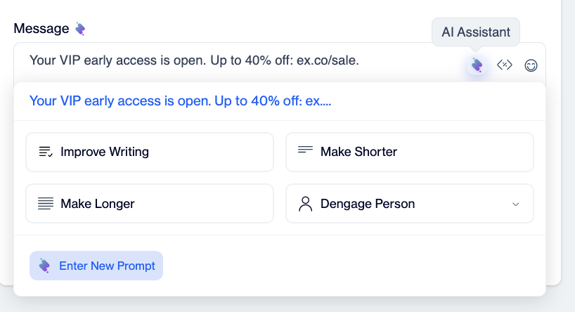 The AI assistant menu open under a content field, showing Improve Writing, Make Shorter, Make Longer, a persona selector, and Enter New Prompt