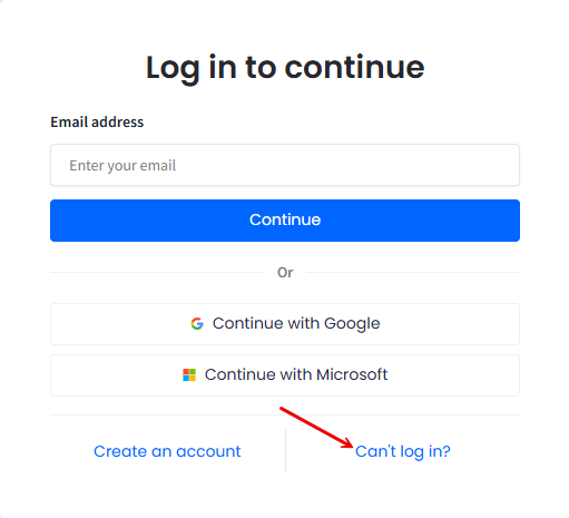 Screenshot of the Log in to continue screen