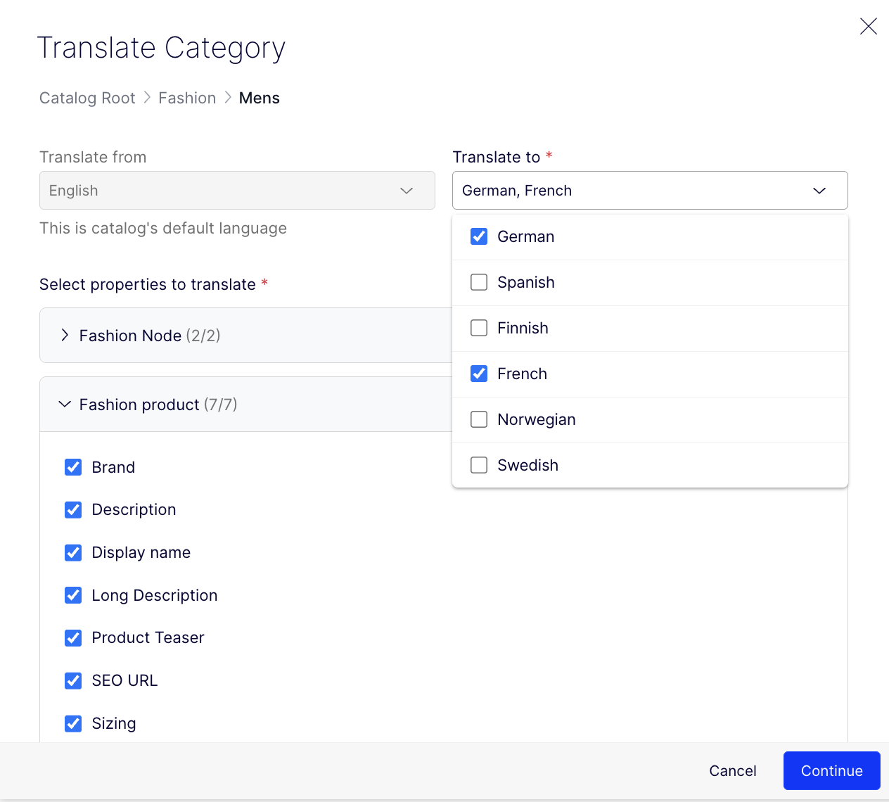screenshot of the bulk translation dialog with target languages, content types, and properties selected