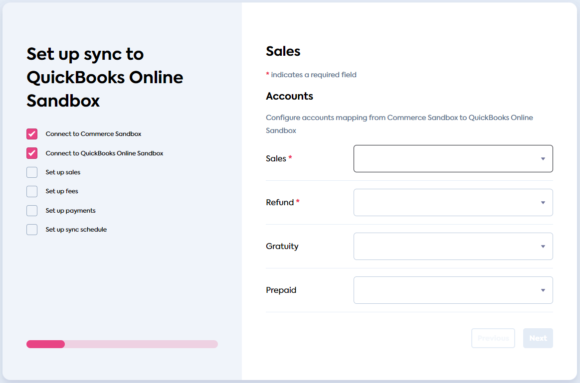 Sales Accounts screen of the Sync for Commerce flow (click to expand).