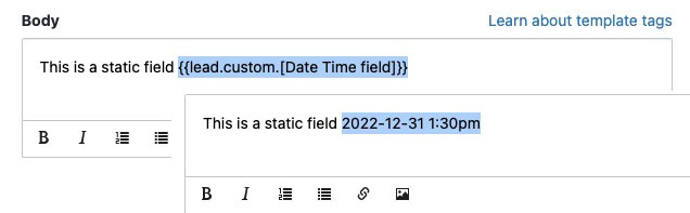 Email template date/time custom fields will always render in the format `2022-12-31 1:30pm`