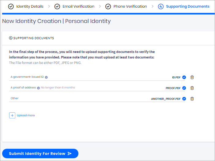 Screenshot with Supporting Documents section - personal identity