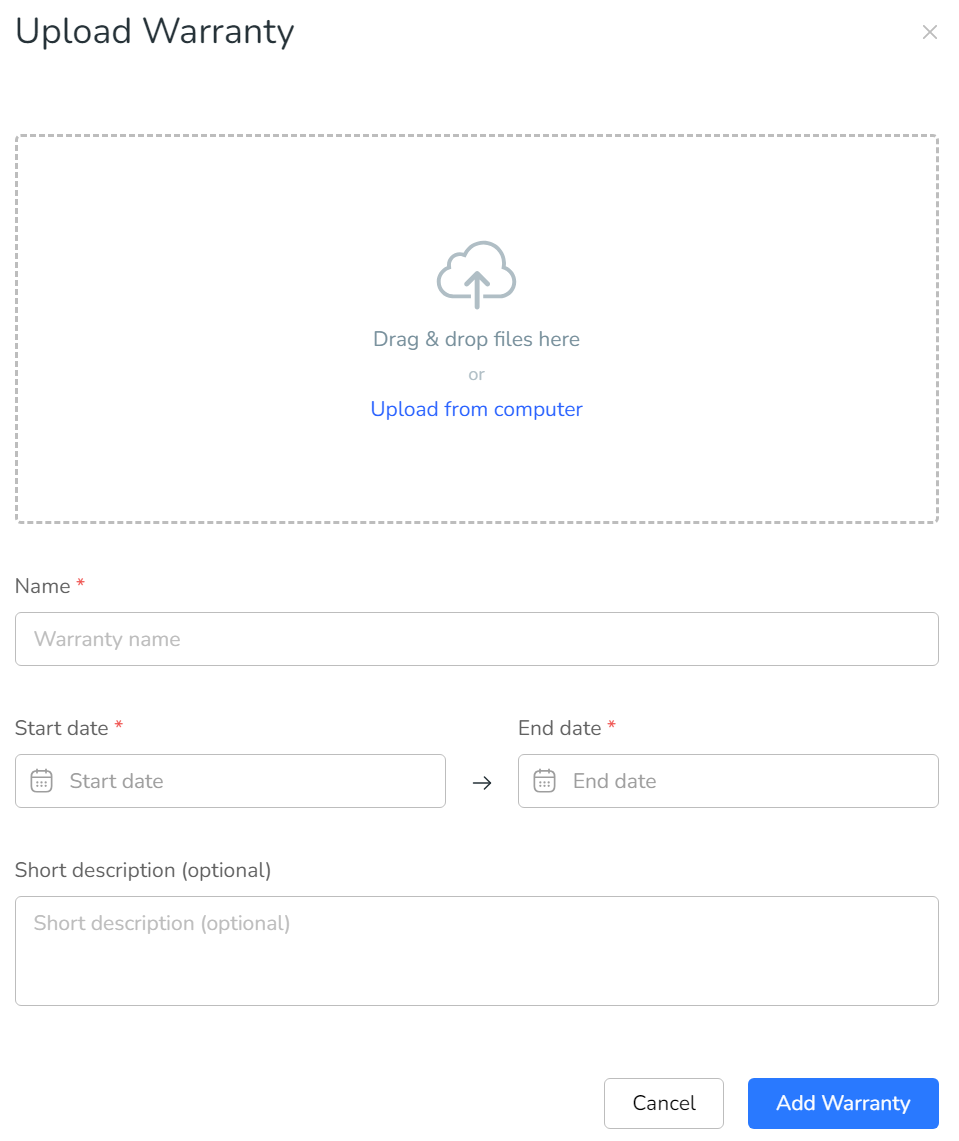 Upload warranty screen.