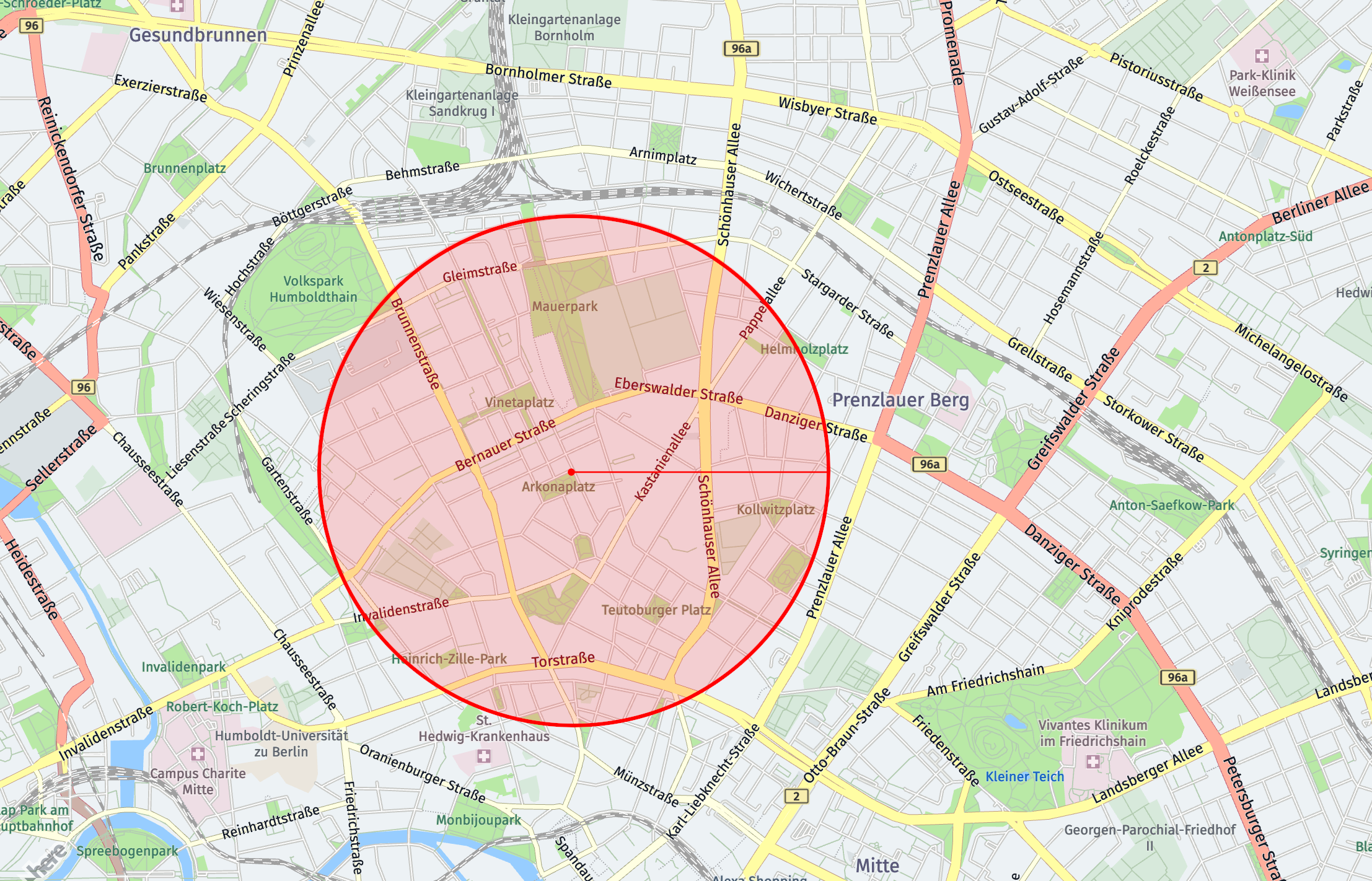 A representation of a circle filter laid over a map of Mitte, Berlin
