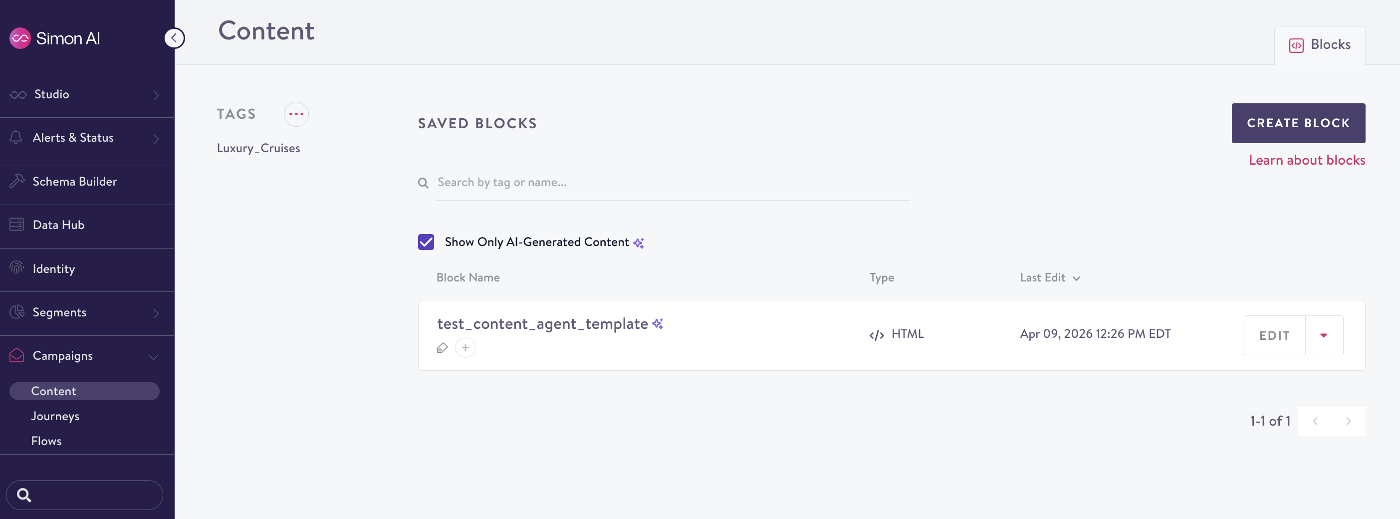 Content Agent tab in the content editor showing a prompt and generated promotional email content