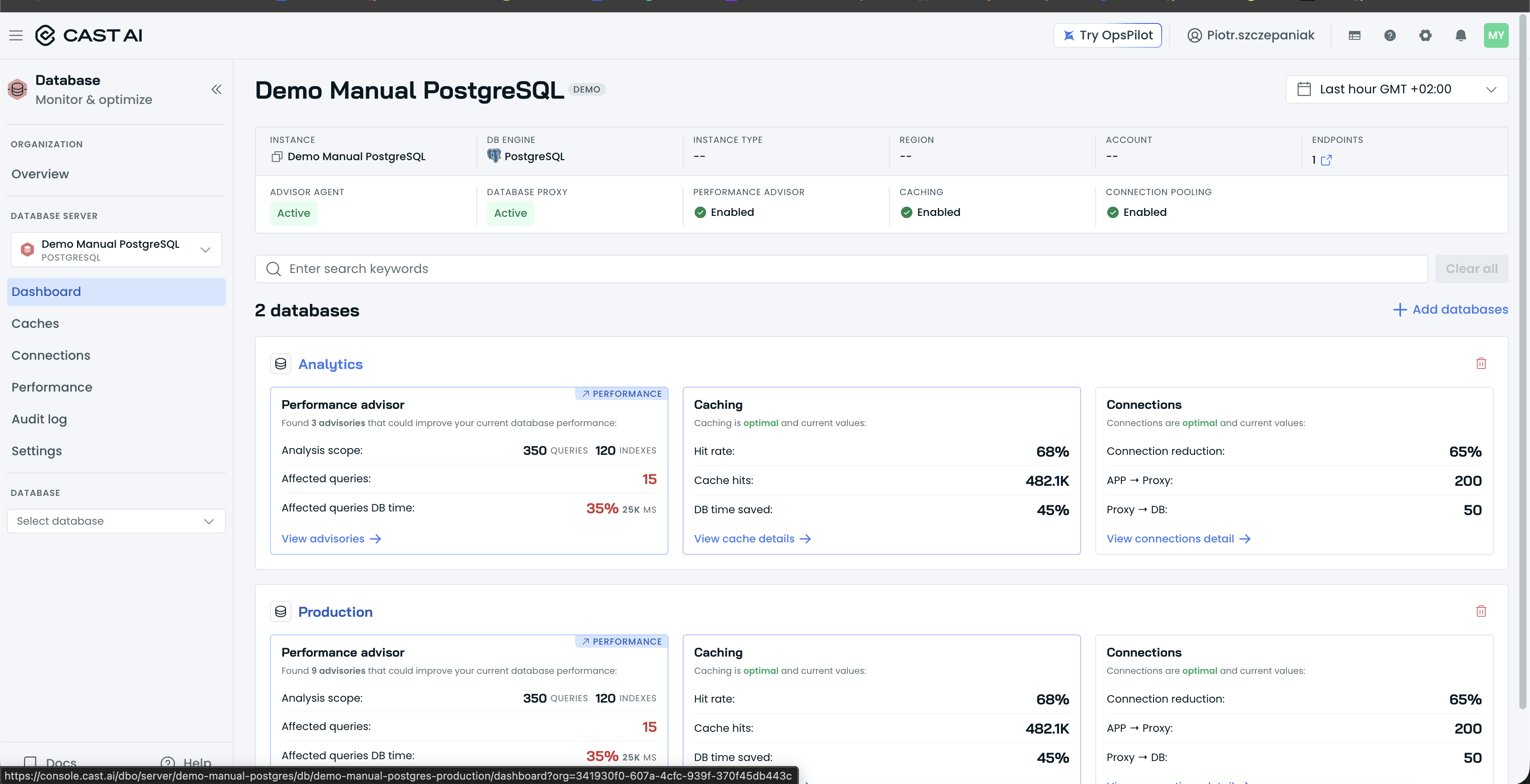 Instance dashboard with the header tiles, the status row, and the per-database Performance advisor, Caching, and Connections cards