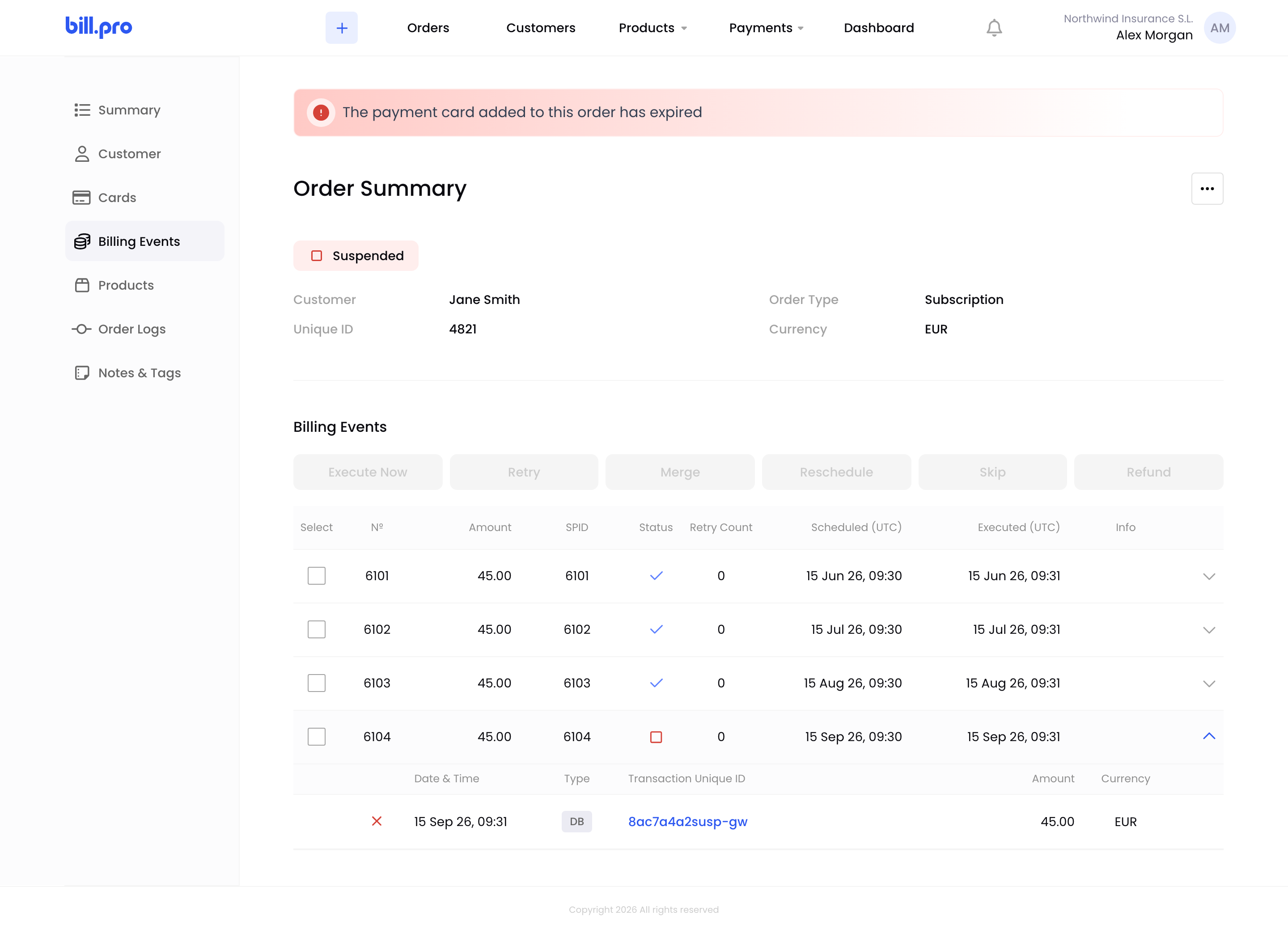 The hard-declined billing event of a suspended subscription