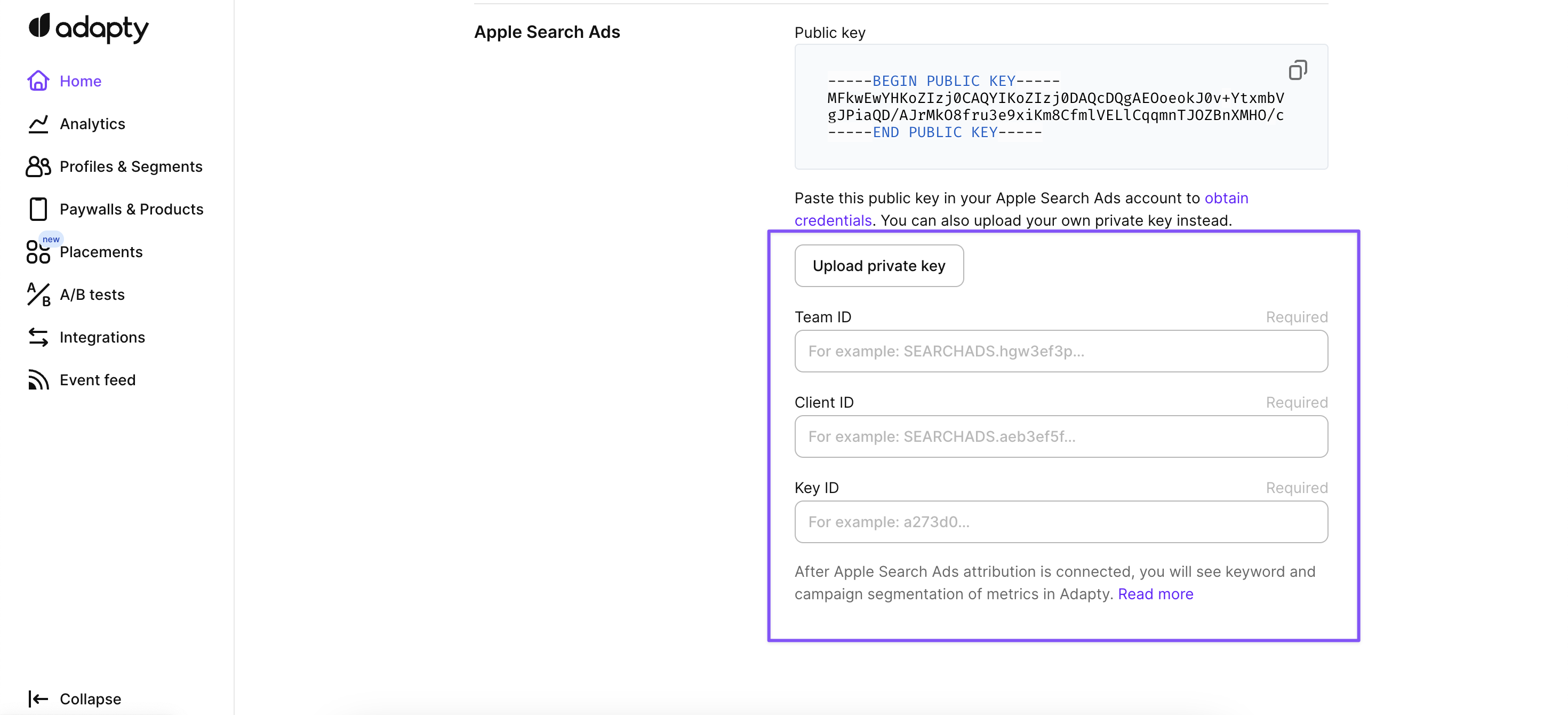 Apple Search Ads configuration page in Adapty dashboard