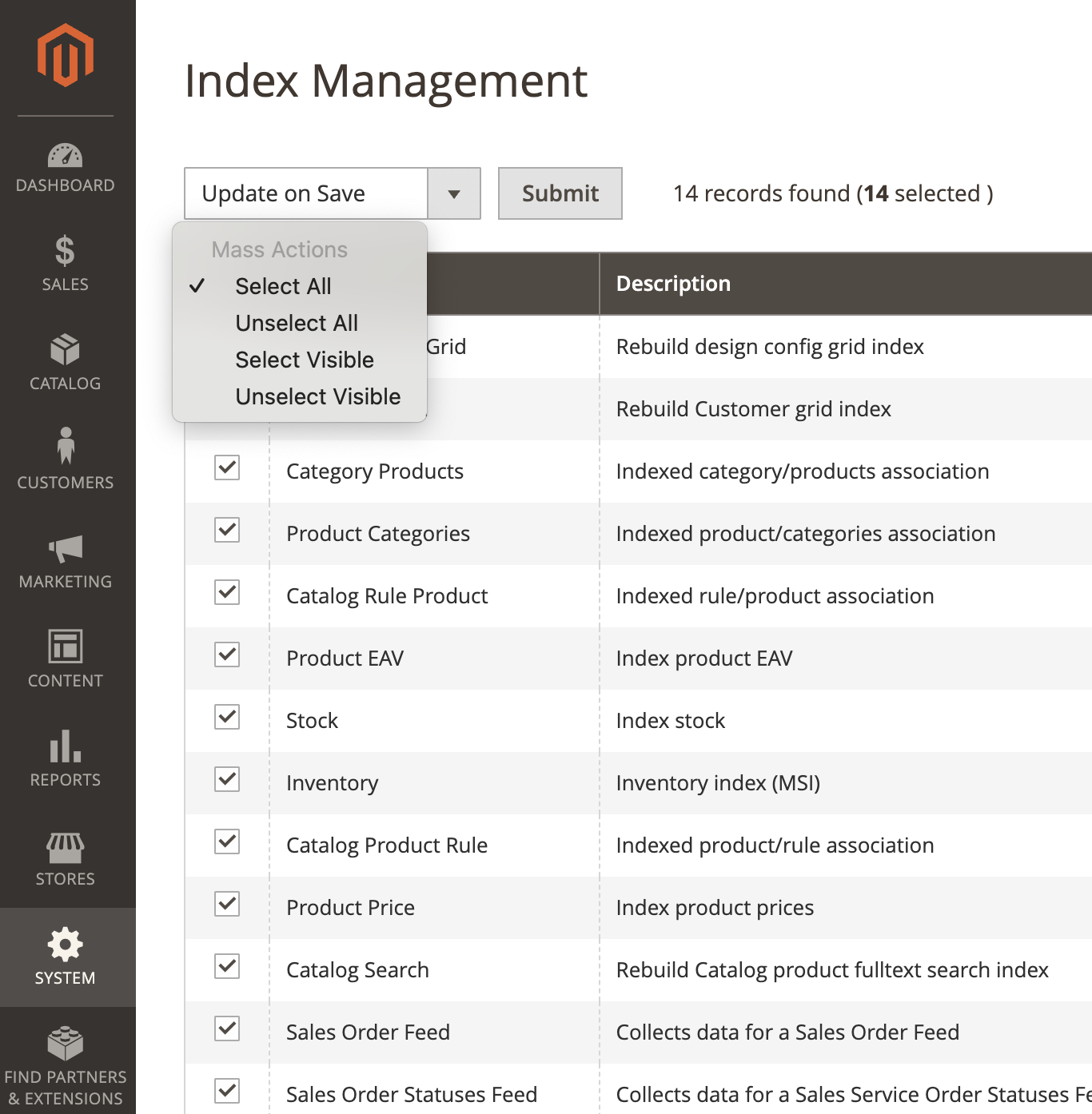 The Index Management screen showing all indexes selected and the Submit button