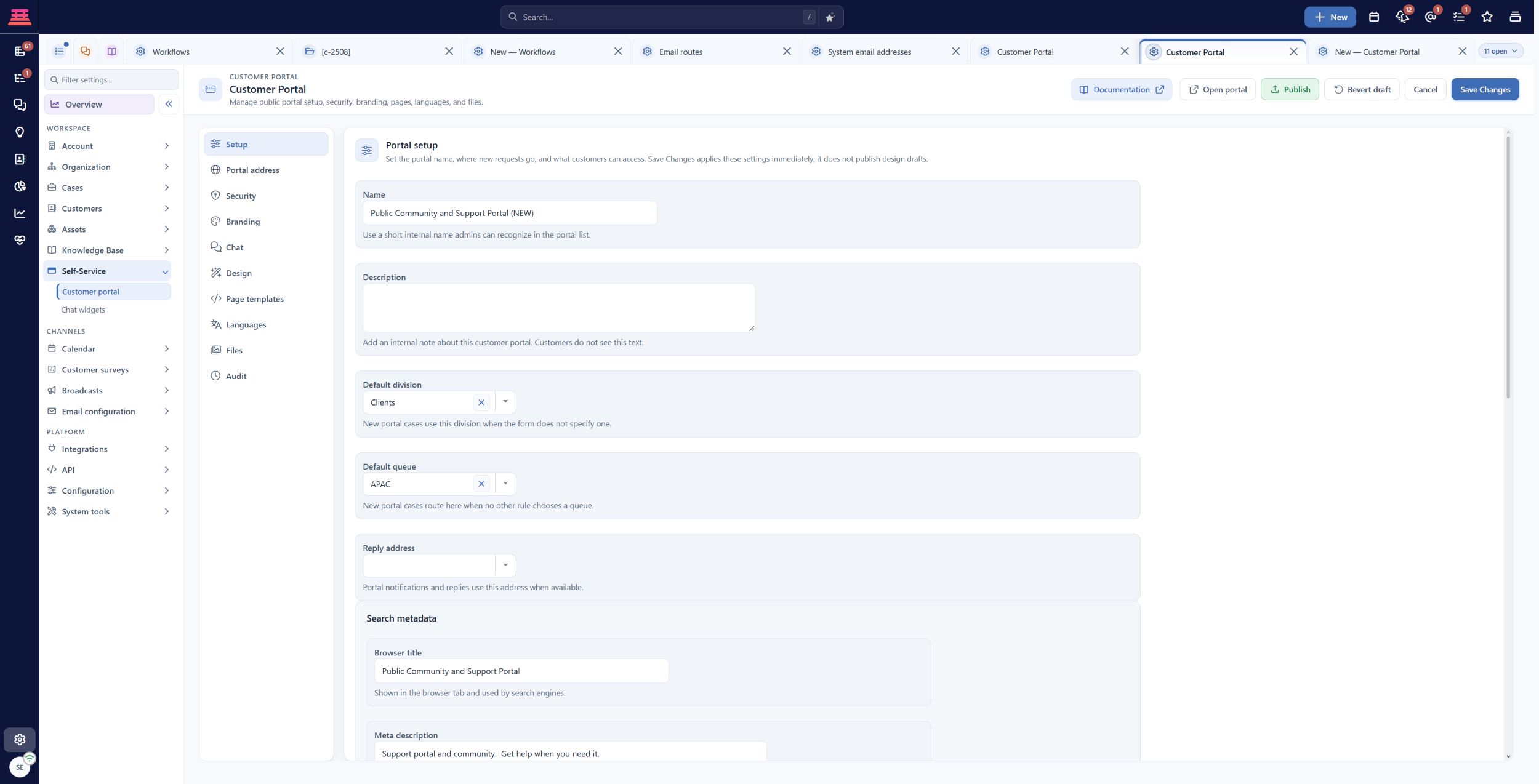 Saved demo portal Setup. Its Clients/APAC defaults are existing demo values; choose Customer Support and Support Queue for the Northstar example.