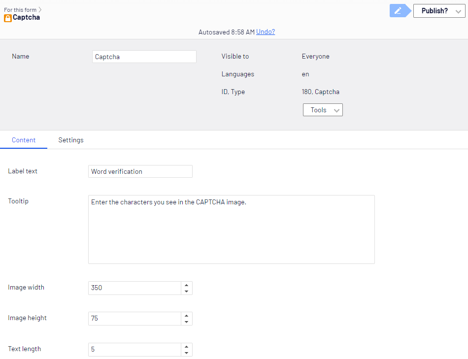 Screenshot of the CAPTCHA element Content tab with Label text, Tooltip, Image width, Image height, and Text length fields where editors configure the CAPTCHA display
