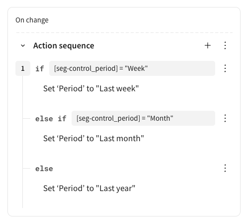 An action sequence showing an if/else statement containing an if, else if, and else components that check for specific values in a segmented control and set a date range control accordingly.